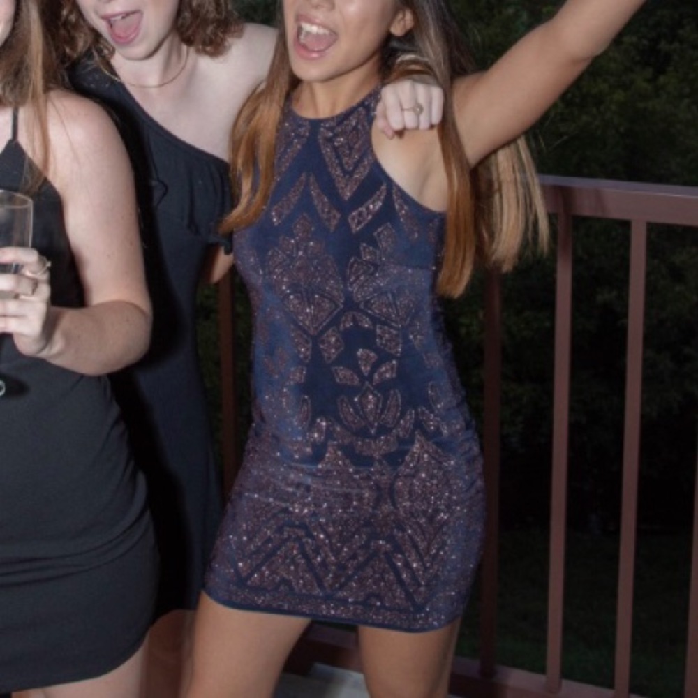 Jump Navy Bodycon Dress (Rose Gold glitter print)